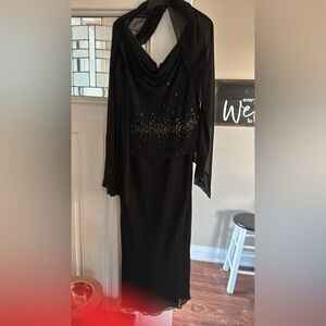 Formal black dress.